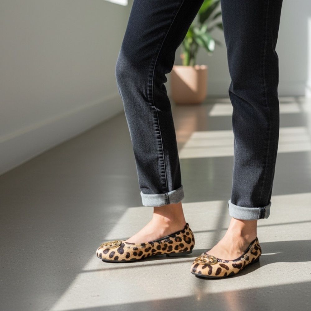 Tory Burch Reva Ballet Flats, 
leopard print calf hair finish, size 38, US 8